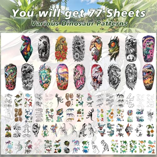 Dinosaur Tattoos for Kids,77 Sheets Dinosaur Tattoo Stickers,Temporary Tattoos for Kids Realistic Waterproof,Fun Body Art Party Supplies