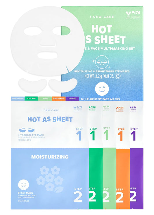 I DEW CARE Korean Sheet Mask Pack 5-Day Eye&Face Multi-masking Set - Hot as Sheet | Moisturizing, Brightening, Soothing, Pore Tightening, Firming