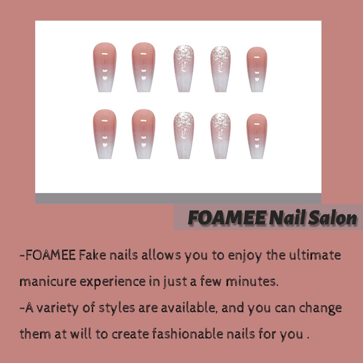 FOAMEE Ombre Press on Nails Medium Coffin Bling Fake Nails with Sequins Designs Acrylic Glossy False Nails for Women