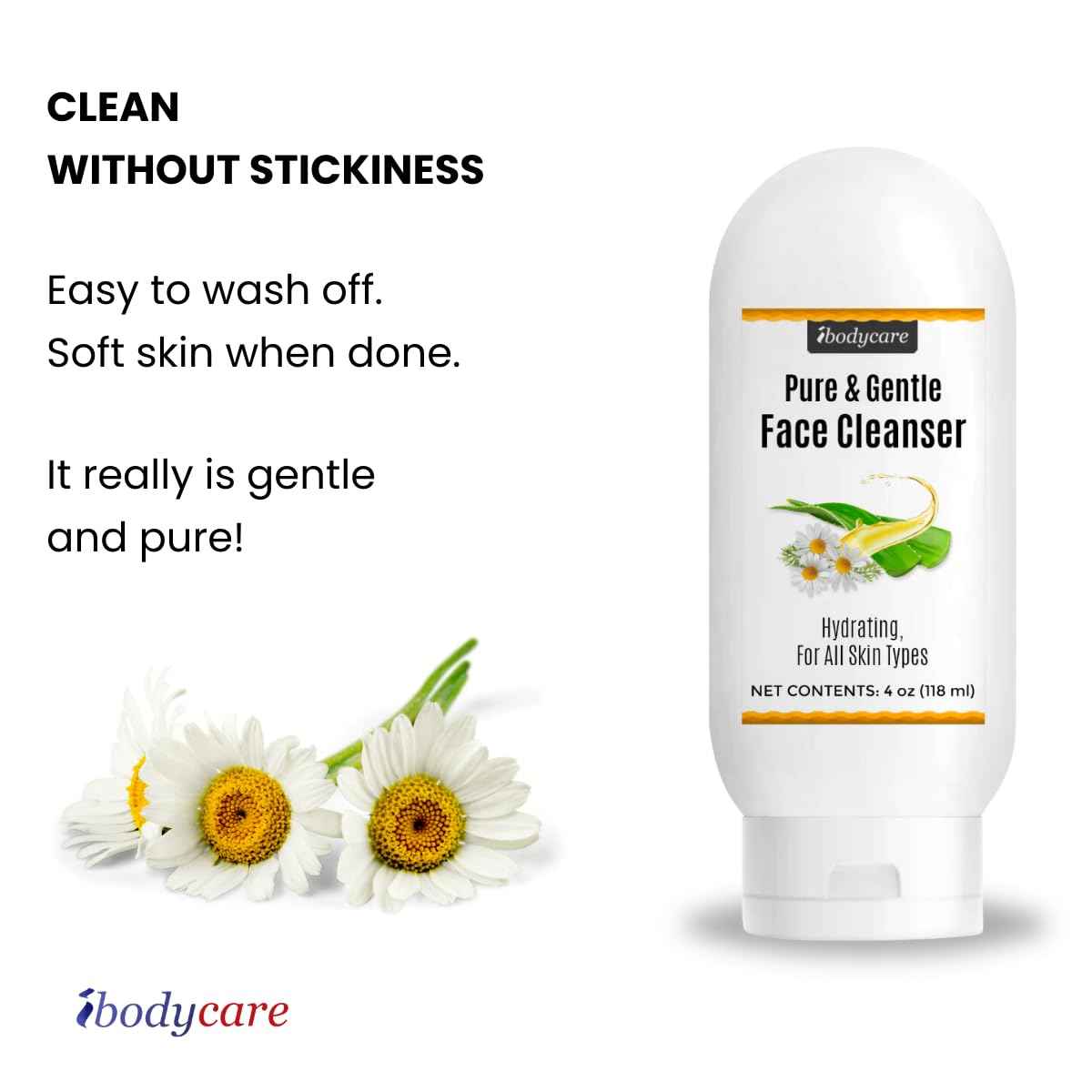 ibodycare Aloe Chamomile Face Cleanser for Sensitive Skin, Sulfate Free, Paraben Free, Fragrance Free, Daily Face Wash, Gentle Natural Cleanser for Women and Men, 4 oz (2 Pack)