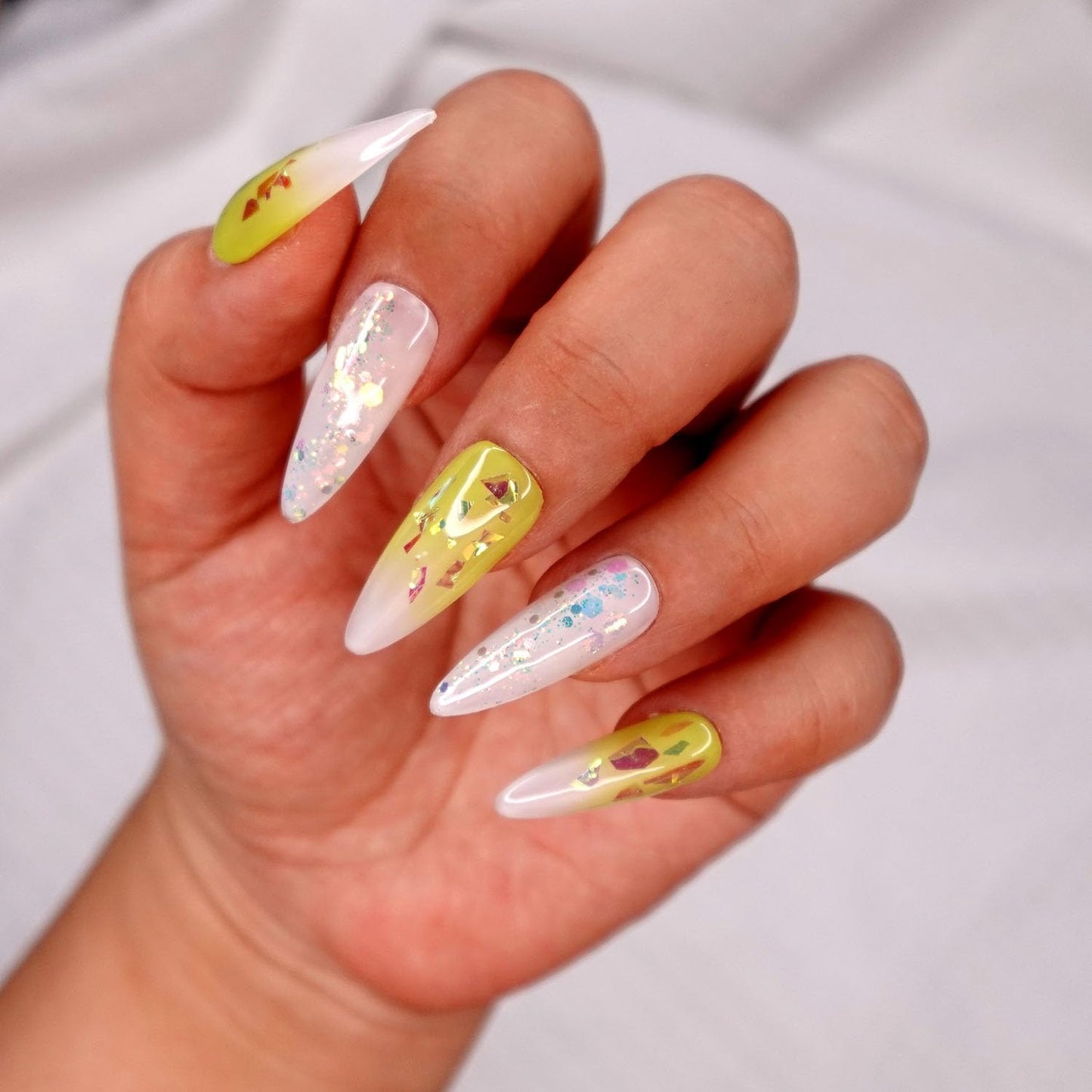 10 Pcs Handmade Press on Nails (X-Small, Iced Lime - French Ombre Lime Green and Shattered Glass Jelly White Glitter Mix Stiletto Nails) A117XS