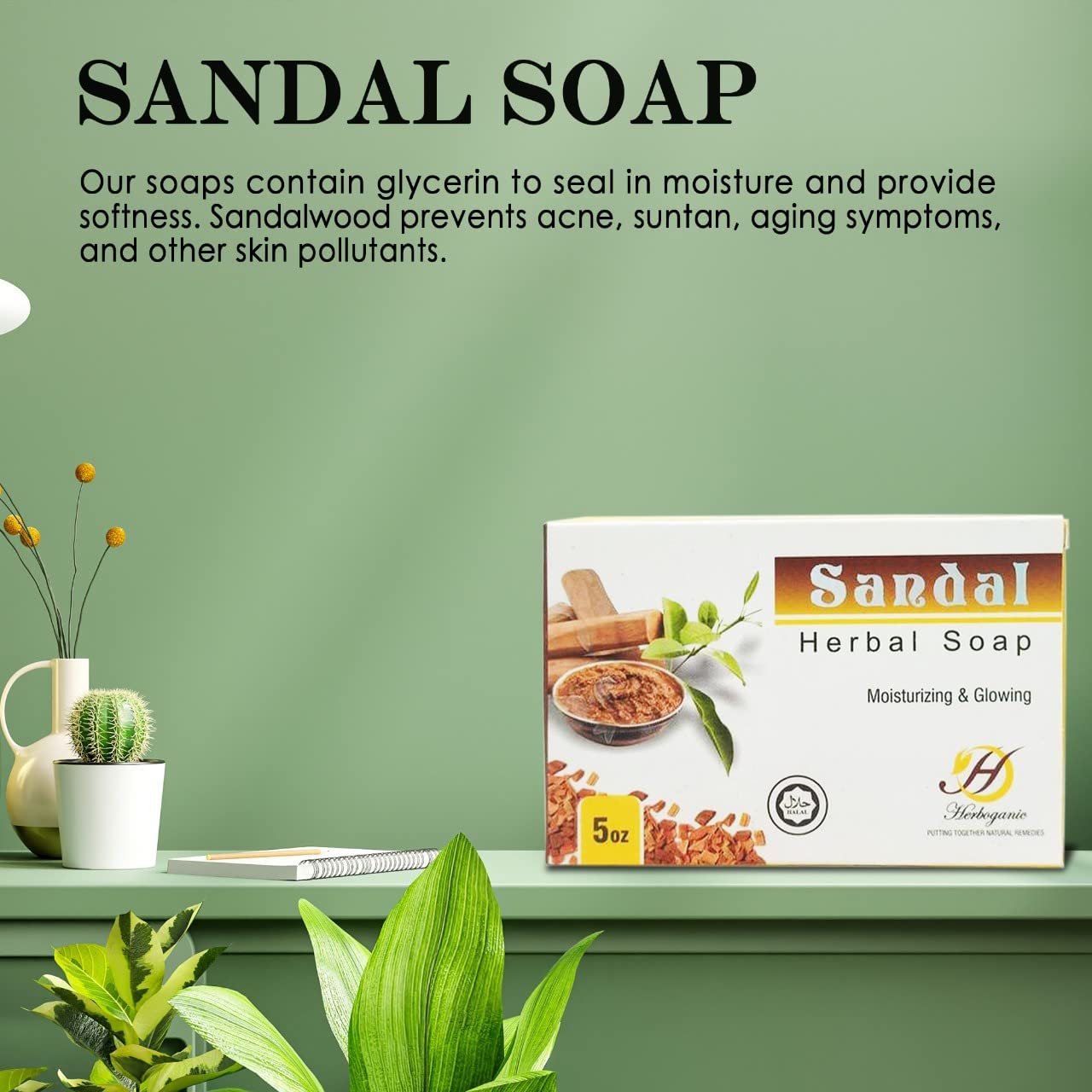 HERBOGANIC Sandal Herbal Soap | Sandalwood Soap Bar | Soft and Gentle Skin | Enriched with Shea Butter and Glycerin | Sandalwood Soap Bar for Moisturizing | 5 oz Bar | Pack of 3…