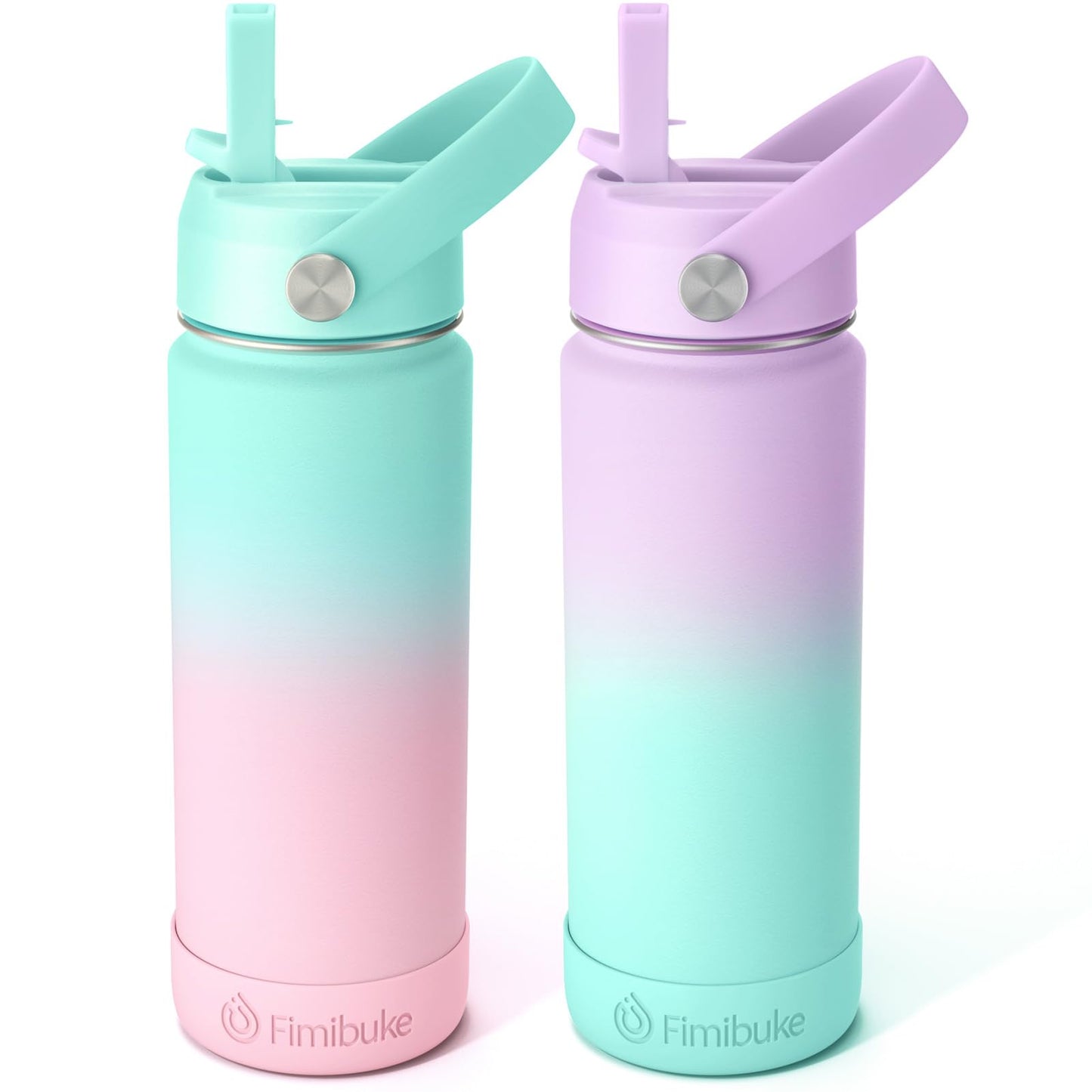 Fimibuke Kids Insulated Water Bottle - 18oz BPA-FREE 18/8 Stainless Steel Kid Cup with Straw Travel Tumbler Leak Proof Double Wall Vacuum Toddler Water Bottle for School Boy Girl（2 Pack, Candy/Bubble）