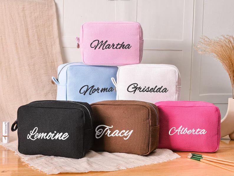 Personalized Embroidered Waffle Cosmetic Bag - Custom Makeup Pouch