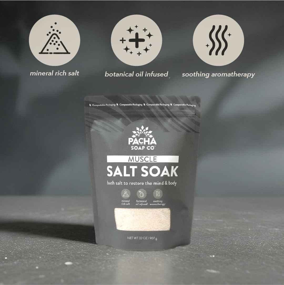 Pacha Soap Co. Muscle Salt Bath Soak - Epsom Salt with Arnica, Calendula, and Peppermint, Handcrafted Bath Salts Made in The USA for Muscle Relief, Recovery & Relaxation, 2-Pack (64 oz. Total)