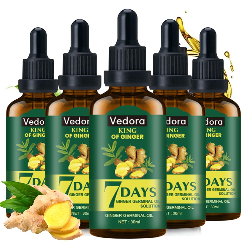 Vedora Ginger Oil for Hair Growth - Promotes Strong, Thick, Long Hair with Essential Ginger Serum - For Men & Women - 5.25 Fl Oz / 150ML (5pc)