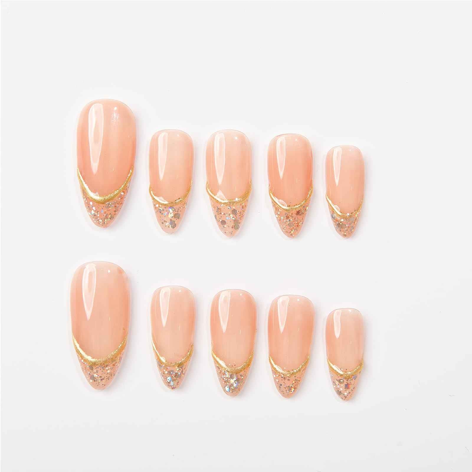 Basic Design with Chrome, French, Light Star Almond Press On Nails, Classic Design Fake Nails for Chrismast Event, Wedding Event, Prom, Party (S005, XS)