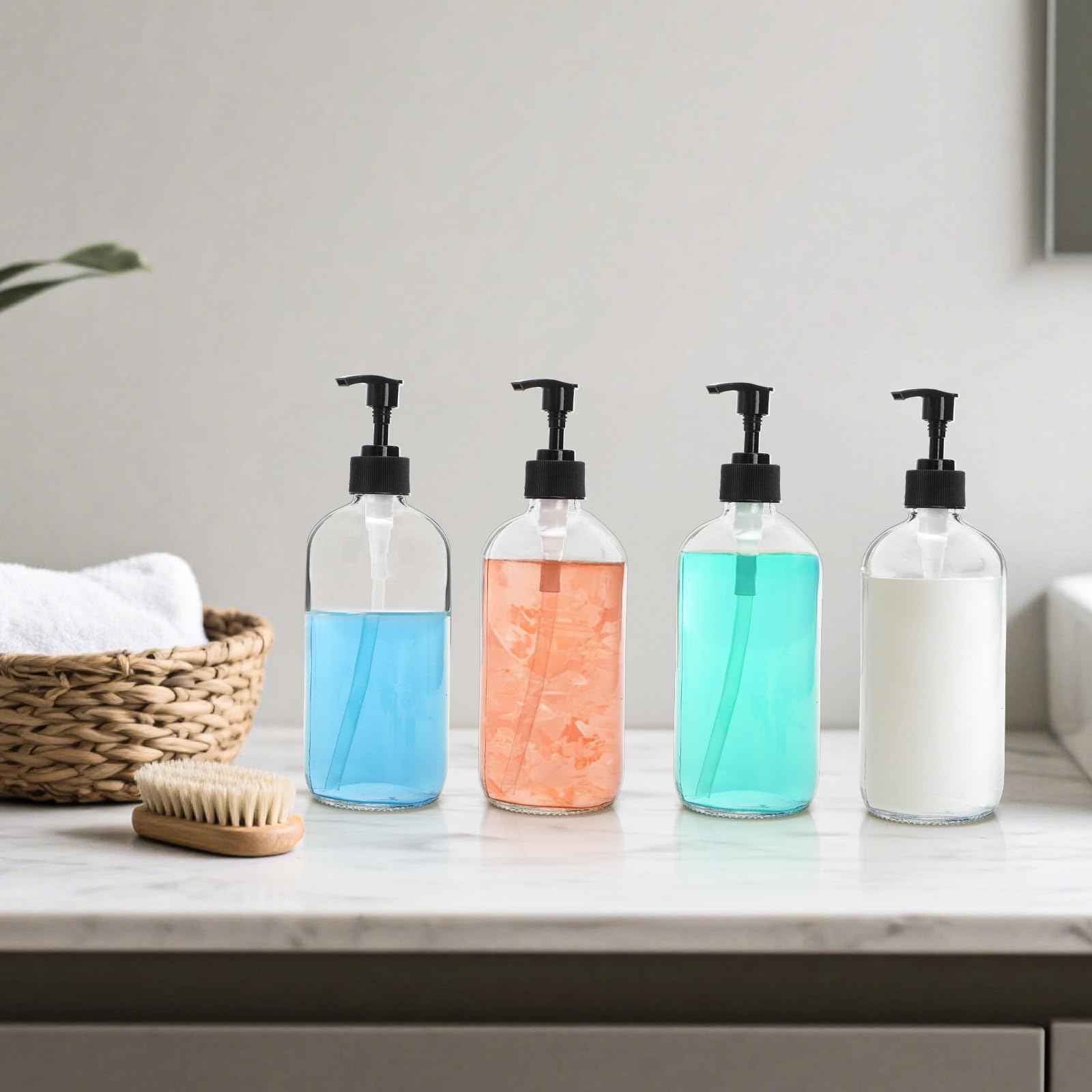 Yarlung 4 Pack 16 Oz Glass Pump Bottles, Clear Soap Dispenser with Pump Glass Empty Refillable Containers for Lotions, Shampoo, Body Wash, Liquid Soap, 4 Black Caps 6 Labels