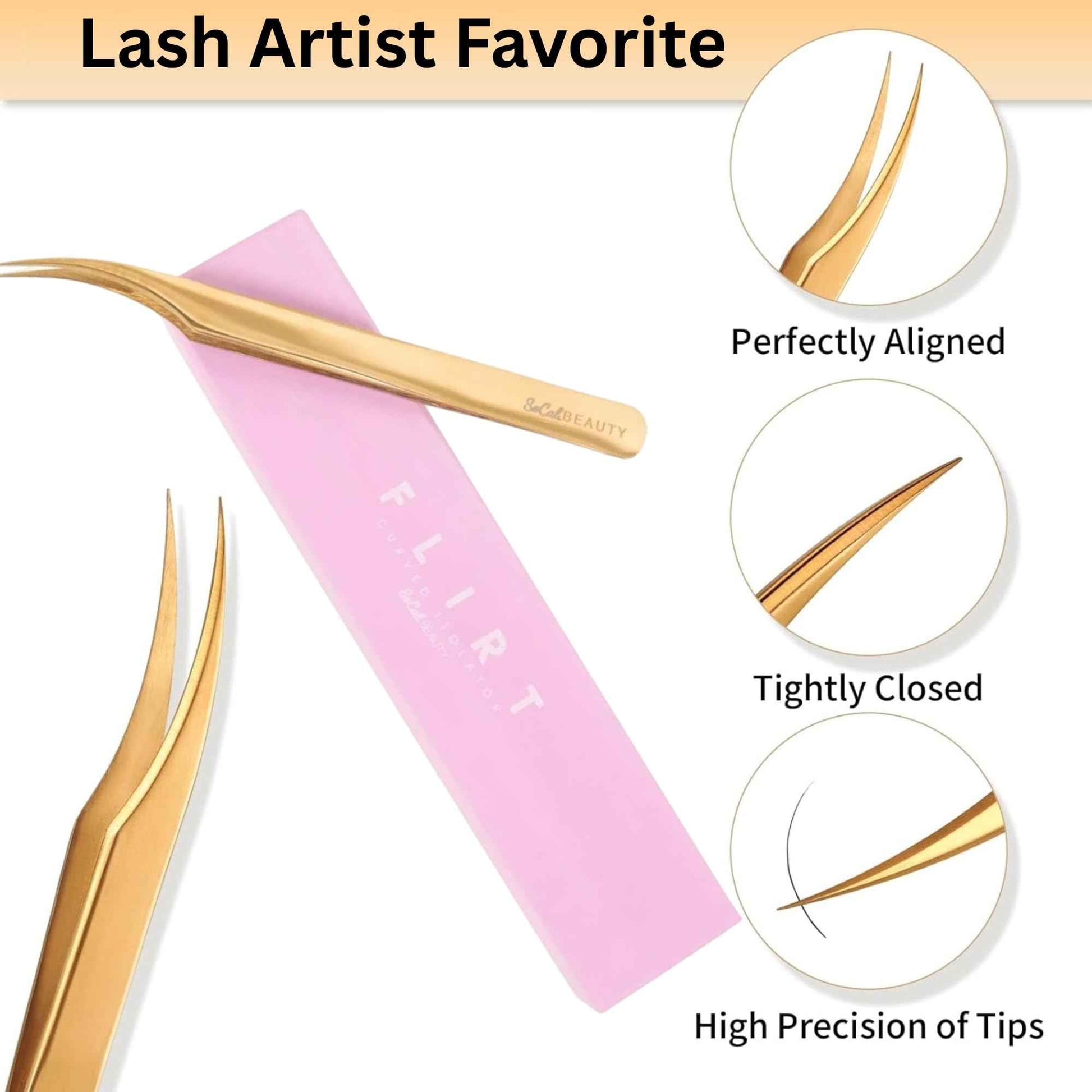 Flirt Curved Isolation Lash Tweezer by SoCal Beauty | Gold Professional Eyelash Tweezer for Eyelash Extensions, Hand-Tested with MM Guide – Lash Artist’s Favorite Precision Eyelash Applicator