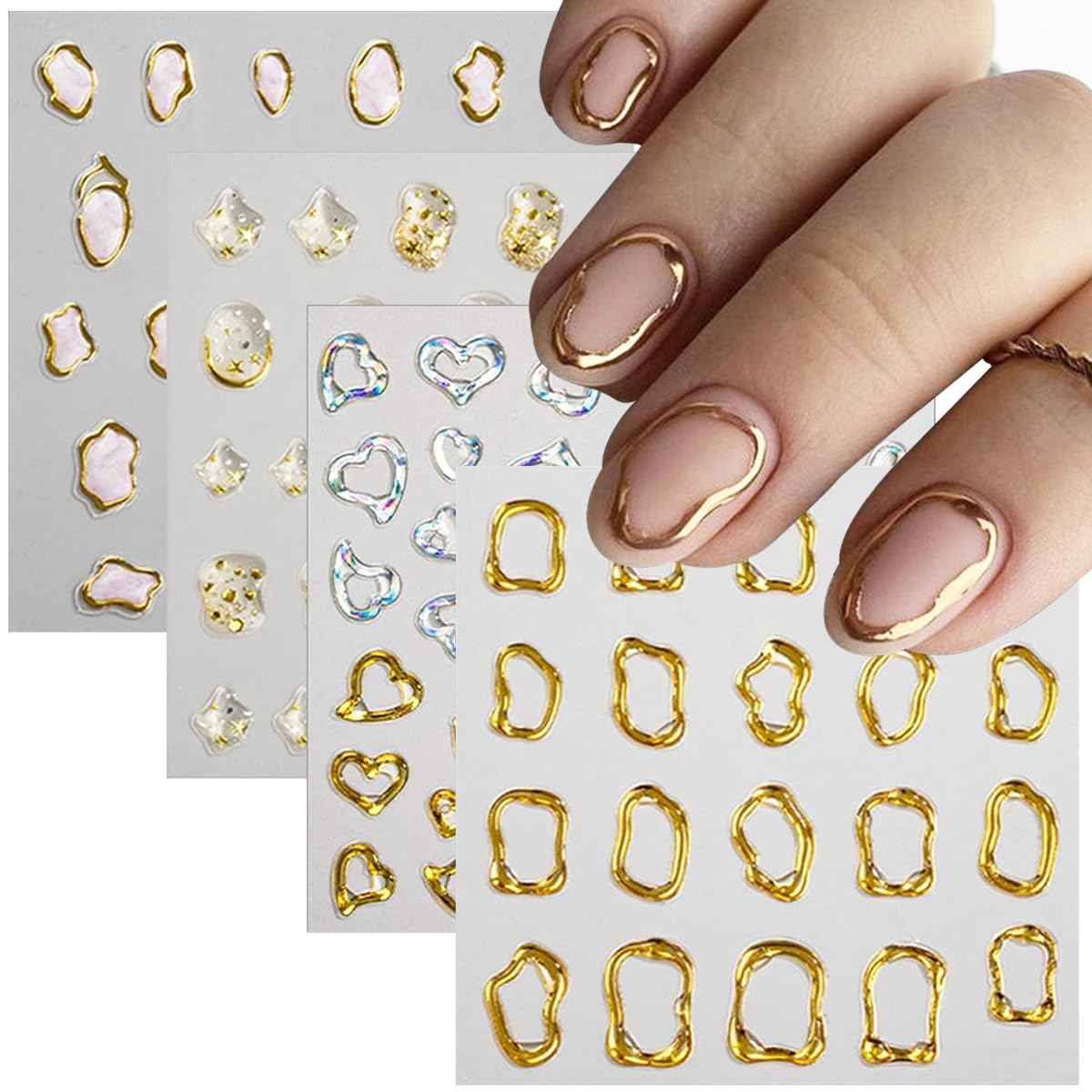 5D Gold Embossed Nail Art Stickers Crystal Soft Glue Irregular Geometric Frames Nail Stickers Sliver Hollow Designs Self Adhesive Nail Decals for Women DIY Acrylic Nail Accessories