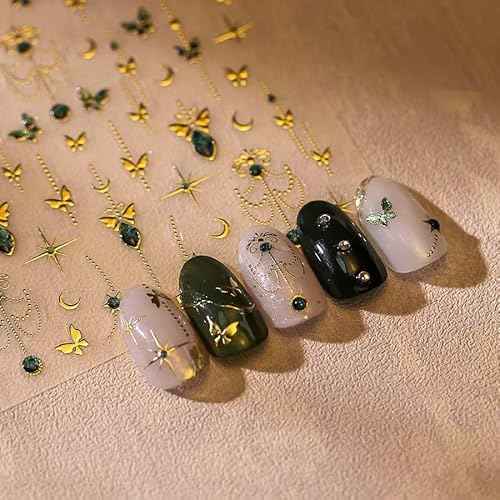 Gold Butterfly Nail Art Stickers 5D Embossed Butterfly Nail Decals Puper Green Bronzing Silver Butterflys Nails Design Self Adhesive Nails Art Supplies for Women Nails Decoration