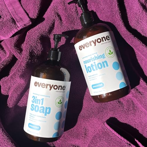 Bundle of Everyone 3-in-1 Soap, Body Wash, Bubble Bath, Shampoo, 32 Ounce (Pack of 2), Unscented + Everyone Nourishing Hand and Body Lotion, 32 Ounce (Pack of 2), Unscented