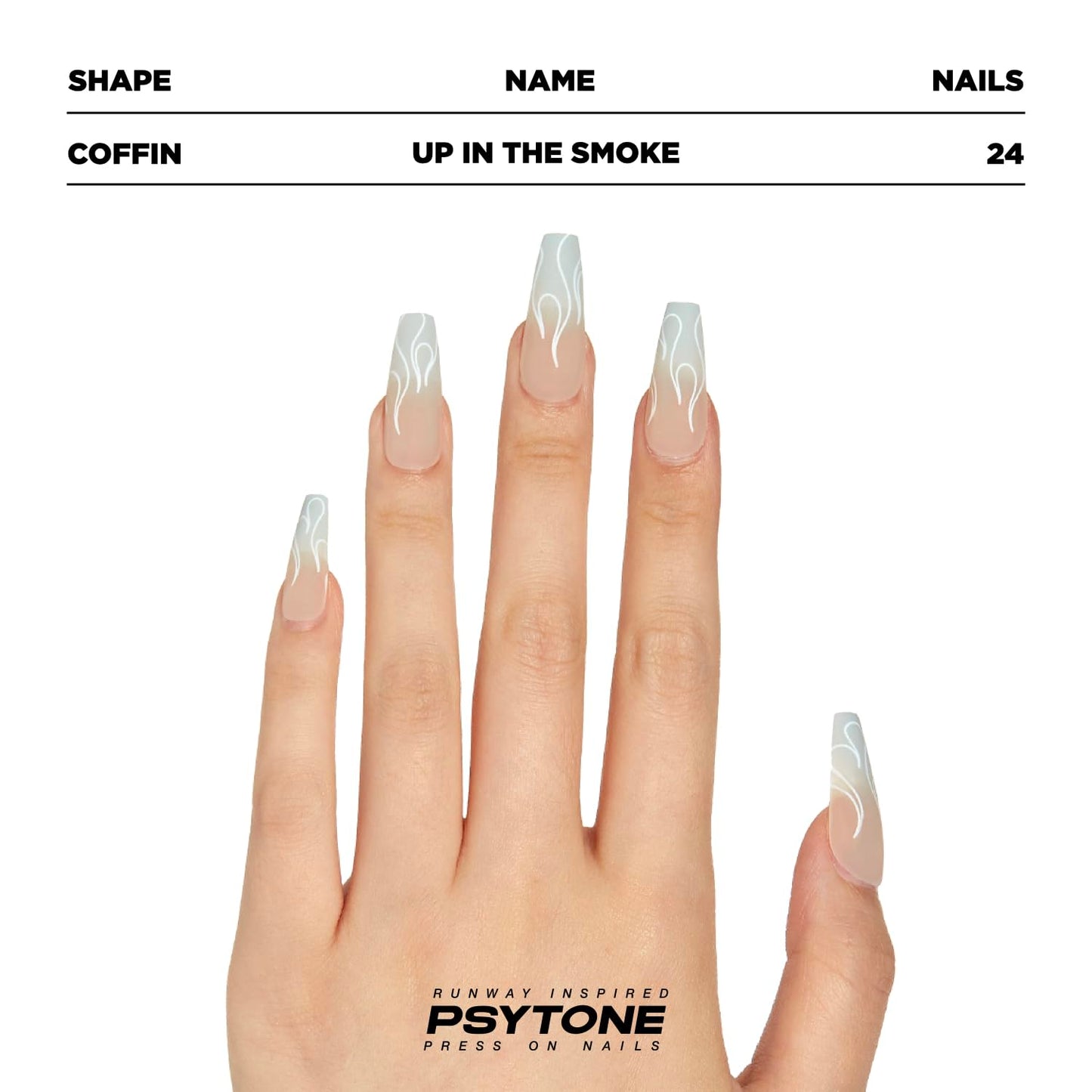 PSYTONE Press On Nails Long Coffin Fake Nails with Glue, 24Pcs Nail Kit-12 Sizes Runway Nails(Up In The Smoke)