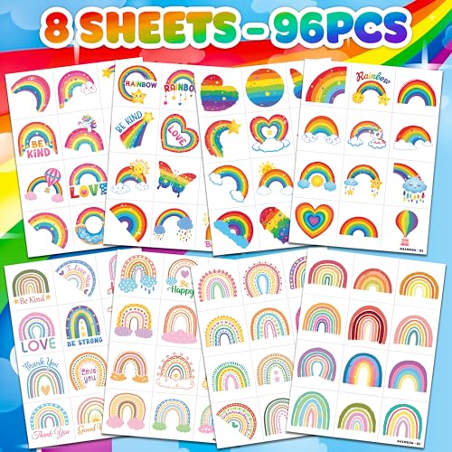 96 PCS Rainbow Temporary Tattoos for Kids Birthday Party Favors