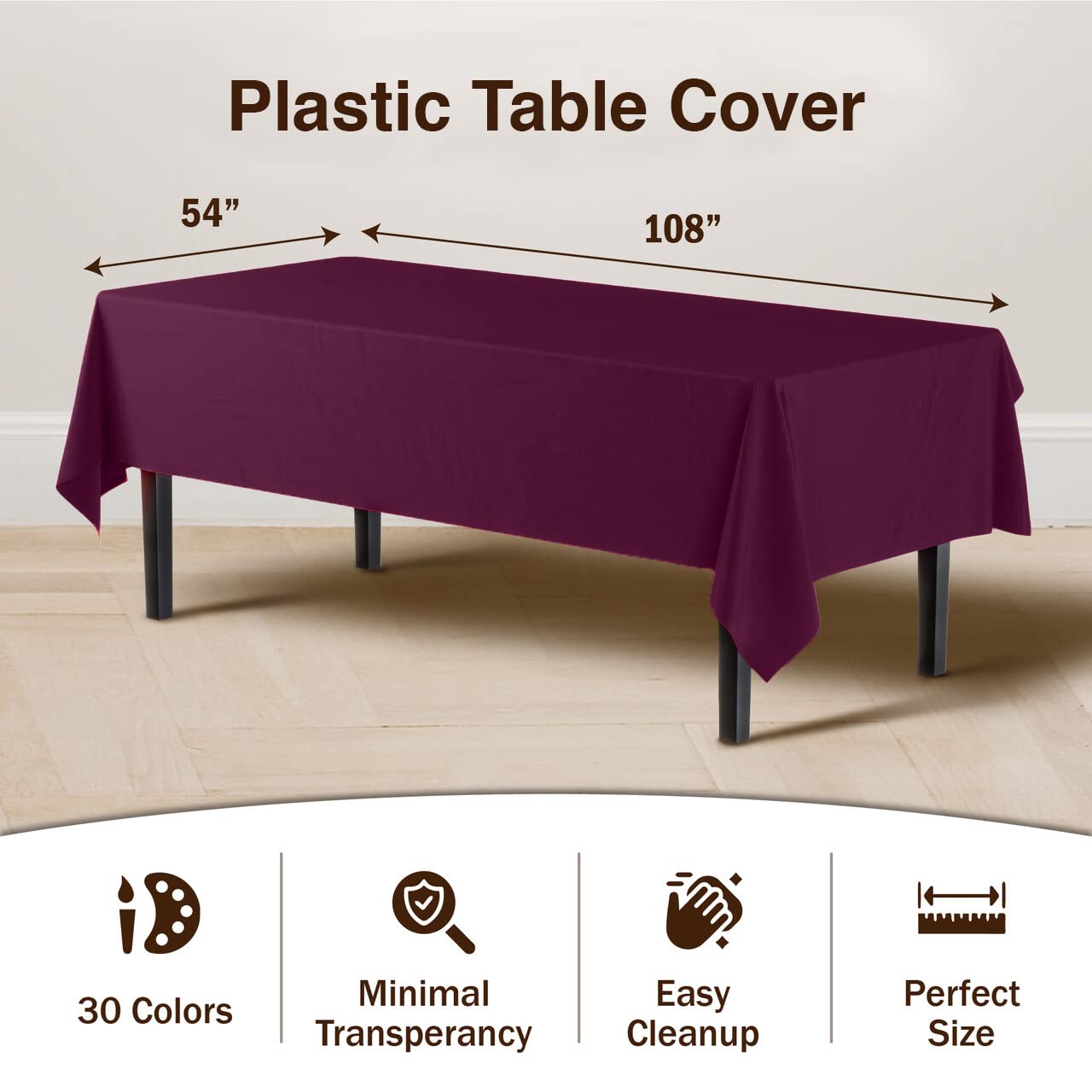 Exquisite 12-Pack Premium Plastic Tablecloth 54in. x 108in. Rectangle Table Cover - Plum