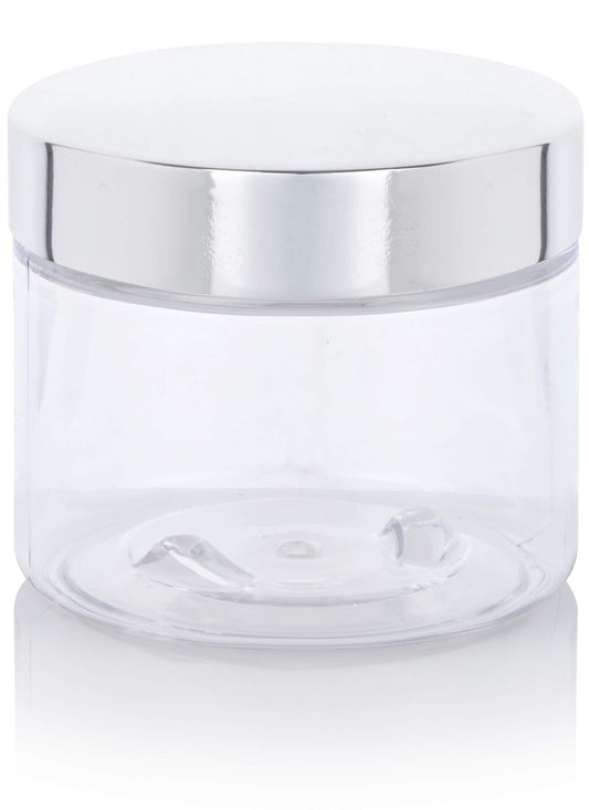 6 oz Clear PET Plastic Jar with Silver Metal Overshell Lid (12 Pack)