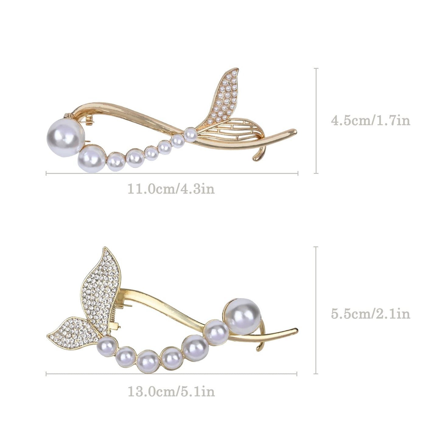 Yonchic 2-Piece Metal Pearl Hair Barrettes Clips, Simple Style Fish Tail Clip, Non Slip Elegant Retro Claw for Thin/Medium Thick Hair, Trendy Multiple Shapes Aesthetic Hair Accessories