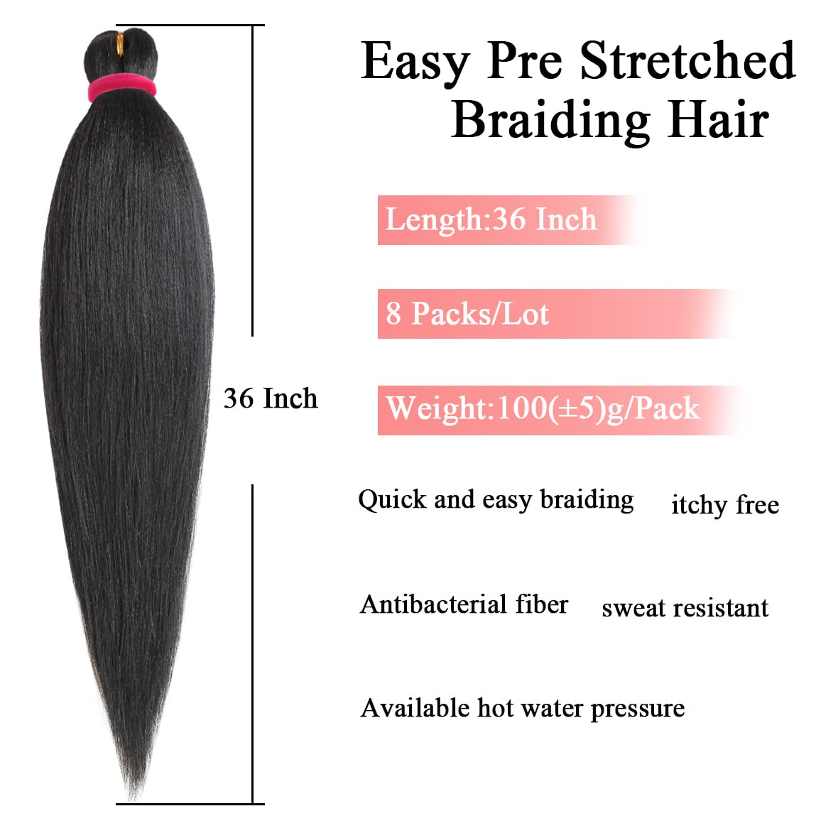 Leeven Black Pre stretched Braiding 36 Inch 8 Packs Perm Yaki Hair Lot Hot Water Setting Synthetic Fiber Crochet Braids Crochet Hair Professional Braiding Hair Extension Passion Twist Braids(1B#)