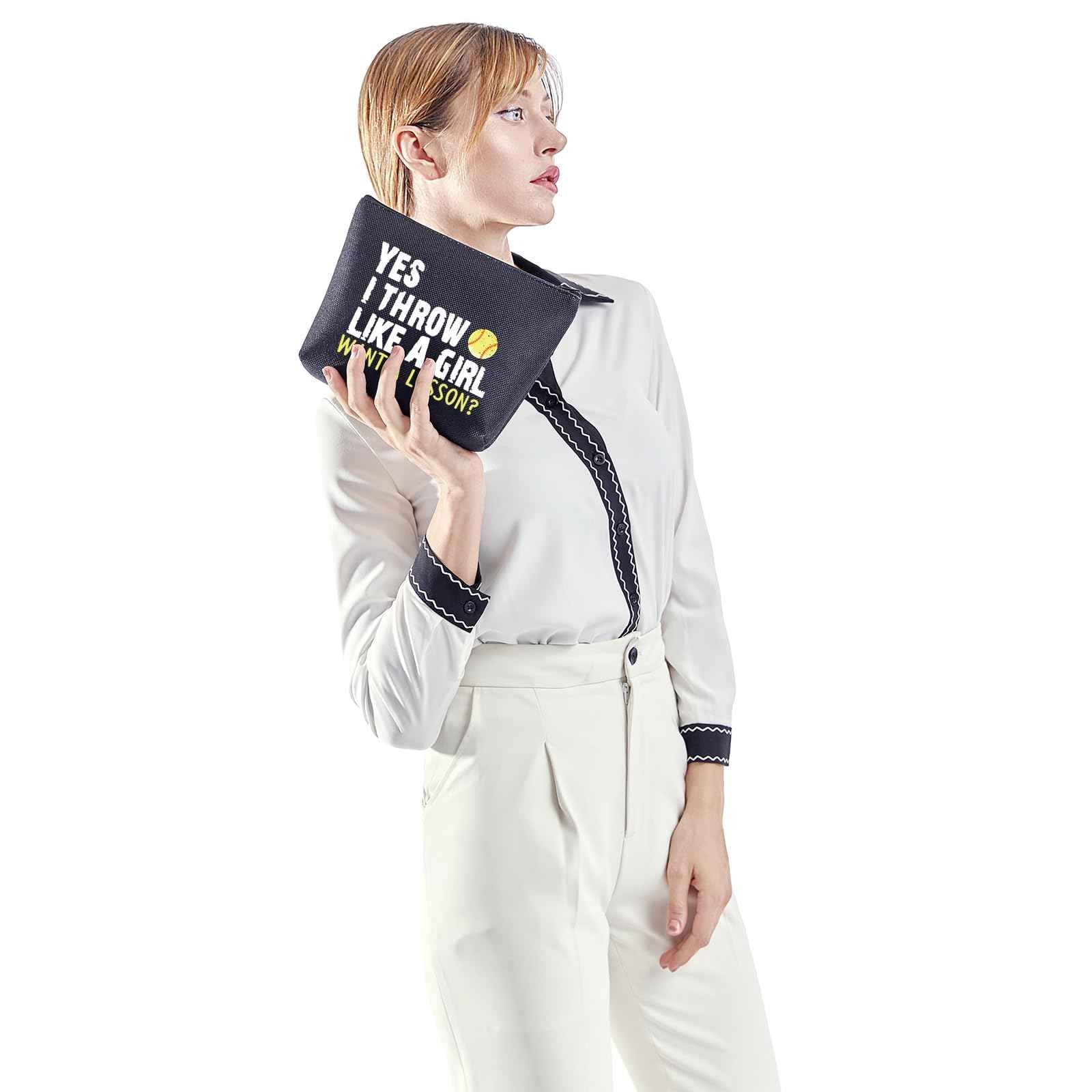 POFULL Softball Player Gift Softball Team Gift Yes I Throw Like A Want A Lesson Softball Cosmetic Bag (Black I Thow like Bag)