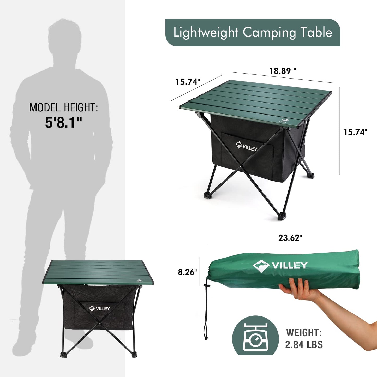 VILLEY Portable Camping Side Table, Ultralight Aluminum Folding Beach Table with Storage and Carry Bag for Camp, Picnics, Travel, and Outdoor Activities - Medium