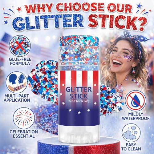 Patriotic Red White and Blue Glitter Stick for Face & Body