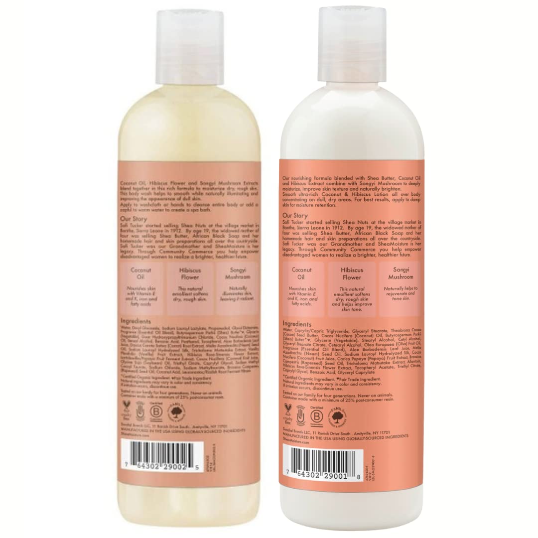 Shea Moisture Body Wash and Shea Moisture Lotion - Coconut & Hibiscus Body Wash & Coconut Lotion for Dry Skin with Songyi Mushroom, 13 Fl Oz Ea (2 Piece Set)