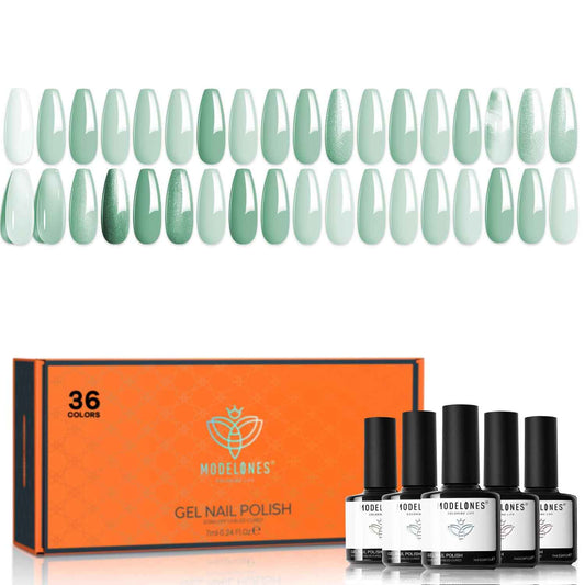 modelones 40Pcs Gel Nail Polish Kit 36 Colors Macaron Collection with 4Pcs Base Coat Matte Glitter Glossy Top Coat