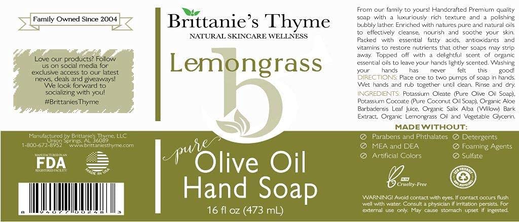 Brittanie's Thyme Organic Natural Hand Soap, 16 oz (Lemongrass) Moisturizing Castile Soap Made Olive Oil And Natural Luxurious Essential Oils. Vegan, Gluten & Cruelty Free,