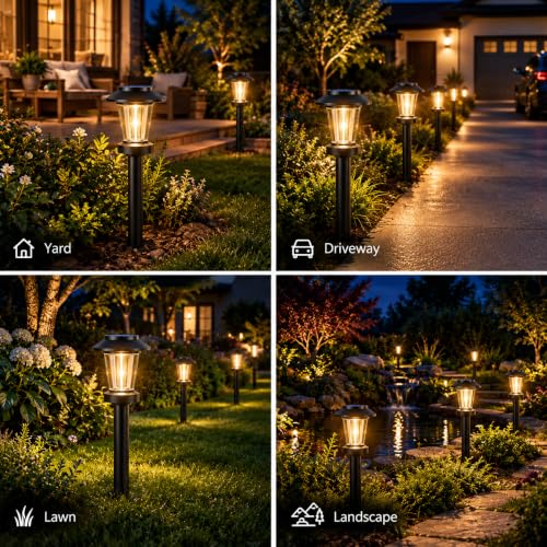 Pywut 8 Pack Solar Pathway Lights with Warm White Tungsten Filament, 3 Modes, Auto On/Off, IP65 Waterproof