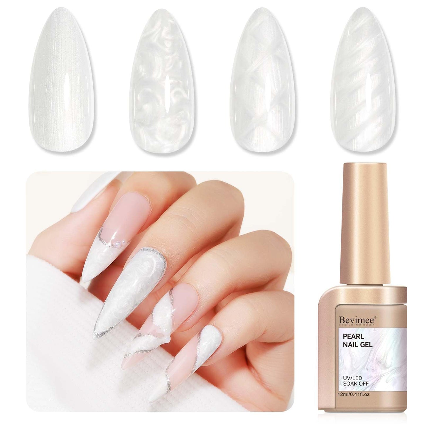 Bevimee Pearl Gel Nail Polish 12ml Pearl White Mermaid Iridescent Gel Polish Chrome Aurora Nail Drawing Swirl Shell Thread Effect Pearlescent Nail Polish Soak Off UV LED Nail Art Salon Home DIY