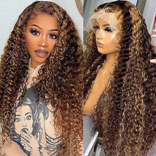 Highlight Ombre 13x4 Lace Front Wig Human Hair Pre Plucked HD Transparent 4/27 Honey Blonde lace frontal Wigs with Baby Hair 180% Density Colored Water Wave Lace Front wig for Women 26 inch