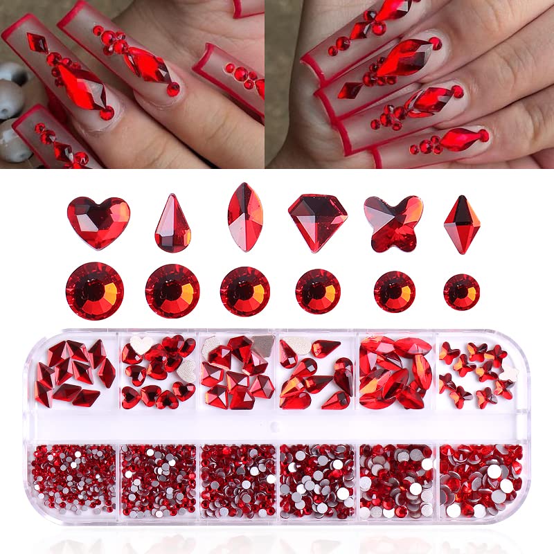 810PCS Red Crystal Nail Arts Rhinestones Round Beads Flatback Glass Gems Stones Multi Shapes Sizes Red Rhinestones Nail Crystals for Nail DIY Crafts Clothes Shoes Jewelry