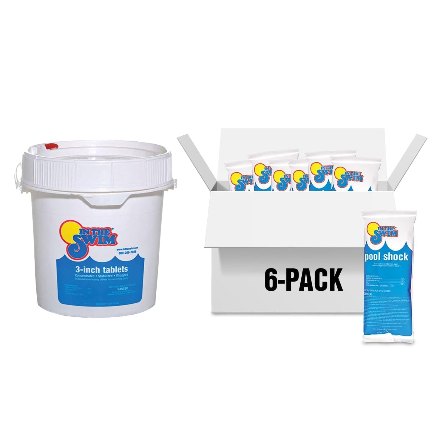 In The Swim Chlorine and Shock Bundle for Sanitizing Swimming Pools – includes 10 Pound Bucket of 3 Inch Stabilized Chlorine Tablets and 6 x 1 Pound Bags of 68% Cal-Hypo Pool Shock