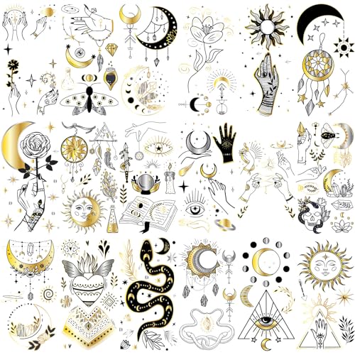 Glaryyears Metallic Gold Temporary Tattoo for Women Adults, 18-Pack Long-lasting Tiny Size Realistic Tattoos, Variety Pack Cute Floral Fake Tattoos, Makeup for Face Body Hand Arm Neck Party
