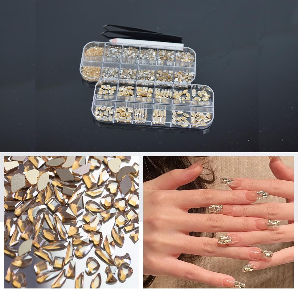 2680Pcs Champagne Gold Rhinestones Nail Gems, 120Pcs Big Golden Nails Charms with Bling Flatback Round Beads, Gold K9 Glass Clear Diamond Stones Jewelry for DIY Faces Eyes Makeup Crafts Decoration