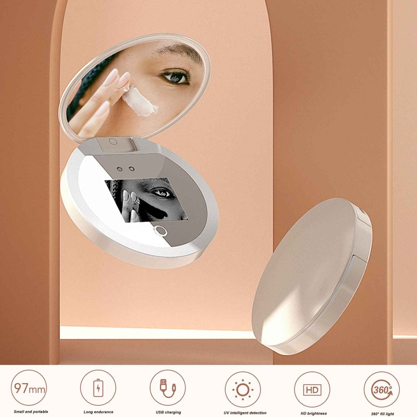 Sanpyl Travel Makeup Mirror with Camera for Sunscreen Test, 2X Magnification HD Screen 97mm 3.5inch, LED Light On Screen Buttons Control Brightness