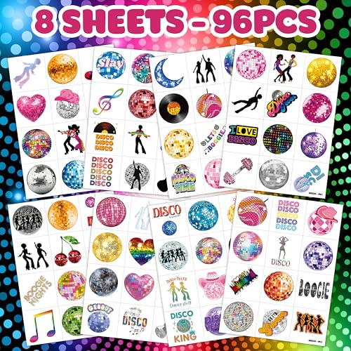 96PCS 70s Disco Ball Pre Cut Temporary Tattoos Themed Birthday Party Decorations Supplies Decor Favors Boogie Dance Groovy 1970s Retro Tattoo Stickers Gifts for Game Boys Girls Class School Prizes