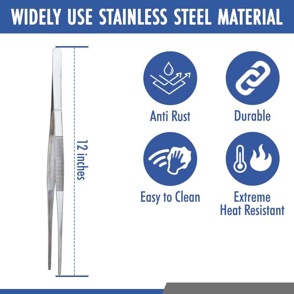 Heavy Duty 12 inches Stainless Steel Tweezers Straight Tips All-purpose Forceps Tweezers Tongs and Comfortable Ridged Handle for Crafting Cooking Repairing General Purpose Medical and Beauty