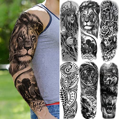 EGMBGM 20 Sheets Black Tribal Wolf Tiger Lion Temporary Tattoo Sleeve For Men Adults, 3D Halloween Prison Gothic Maori Sleeve Tattoos For Women, Fake Full Arm Sleeve Tattoo Stickers Skull Skeleton