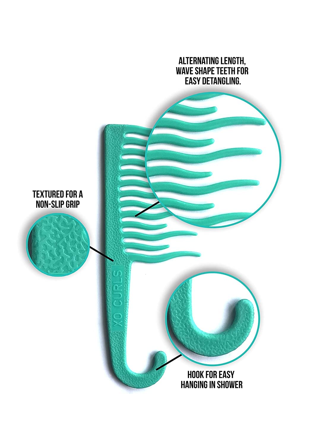 XO Curls Shower Detangling Comb - wide tooth comb with hook for easy hanging in shower, removes knots and tangles gently