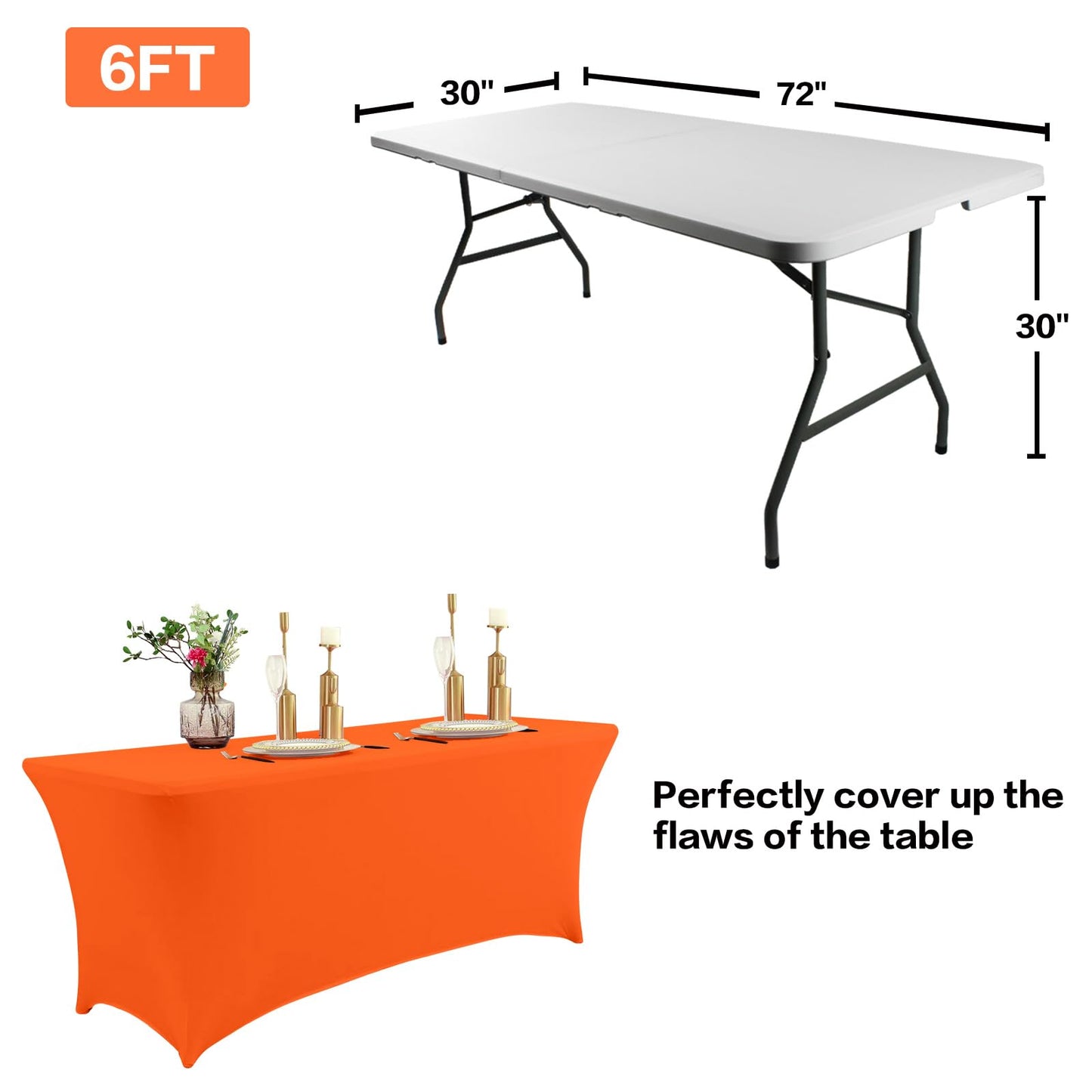 IVAPUPU 4FT Table Cloth for Rectangular Fitted Events Stretch Orange Table Covers Washable Table Cover Spandex Tablecloth Table Protector for Party, Wedding, Cocktail, Banquet, Festival