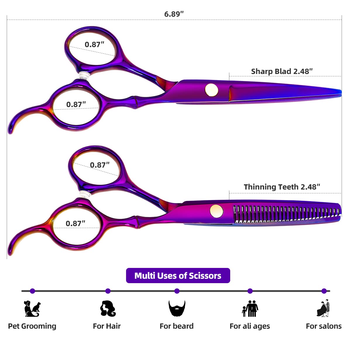 Professional Hair Cutting Scissors Sets Stainless Steel Barber Hairdressing Scissors Multifunctional Salon Thinning Scissors Straight Shears Tools Gifts for Mom Dad Friends (Purple)