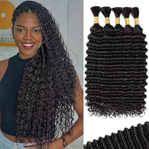 12A Human Braiding Hair for Boho Braids 5 Bundles 16 Inch 160g Deep Wave Braiding Hair for Bohemian Knotless Braids 100% Unprocessed Brazilian Virgin Bulk Hair Extensions No Weft Natural Color