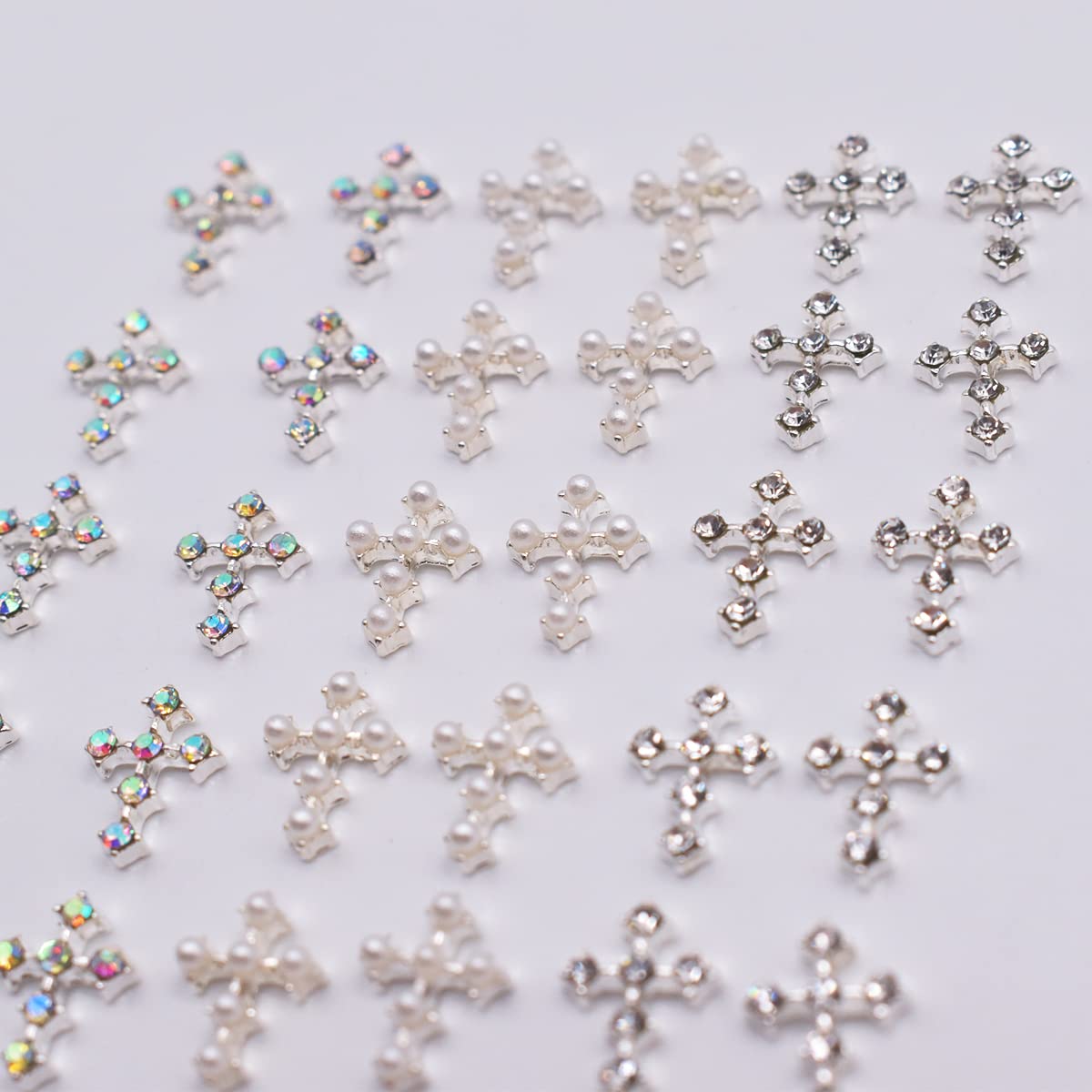 LIFOOST 30pcs Cross Nail Charms for Nail Art Accessory 3D Gold Cross Jewelrys Nail Studs with Flat Back Crystal Nail Art Rhinestones for Women Acrylic Nails Designs (Silver)