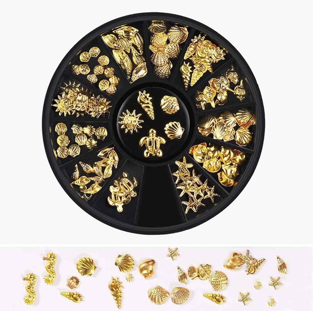 12 Styles Golds Nail Art Metal Studs Metallic 3D Pieces Rivet Palm Tree Turtles Marine Life Charms for Summer Beach Manicure DIY Acrylic Nails Design Supply Nail Art and Polish (Gold Ocean Studs)