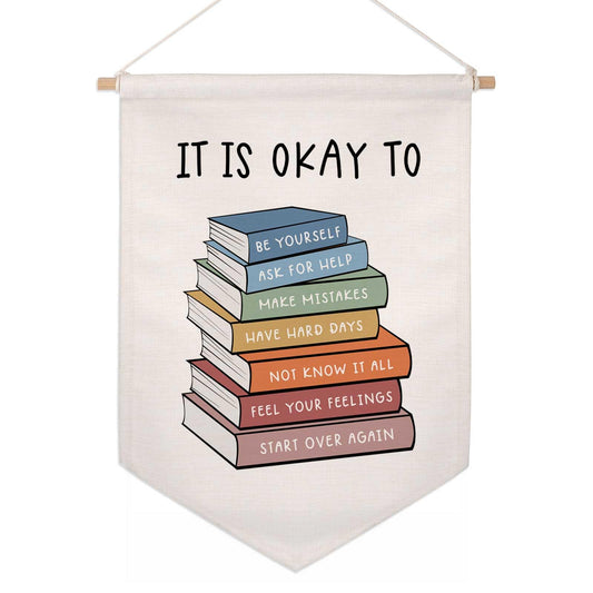 Classroom Wall Hanging Banner Poster Therapy Office Decor Calm Down Corner School Counselor Mental Health Growth Mindset Poster Anxiety Educational Wall Banner (It's Okay with Books)