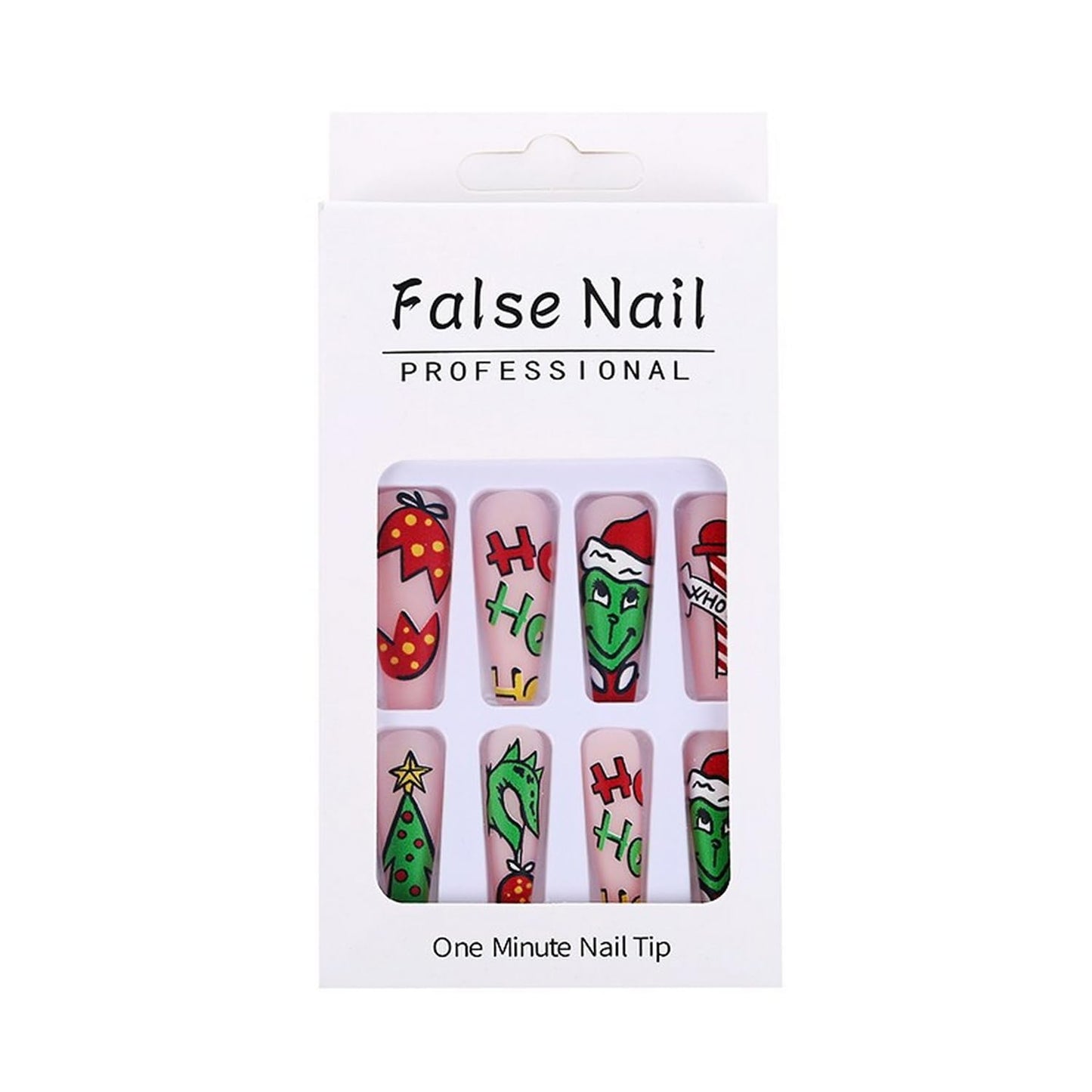 Christmas Press on Nails Long Coffin Fake Nails Cute Cartoon Grinchs Stick on Nails False Nails with Designs Acrylic Nails Winter Xmas Glue on Nails Full Cover Holiday Artificial Nails for Women