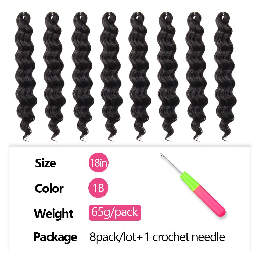 Niseyo NU Ocean Wave Crochet Hair 18 Inch 8 Packs Soft Water Wave Crochet Braids Synthetic Black Wavy Braiding Hair Extensions (1B)