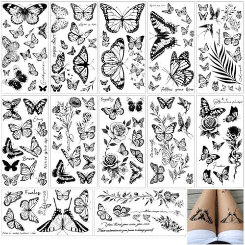 Temporary Tattoo Stickers for Women - 12 Sheets Butterfly Flower Black Waterproof