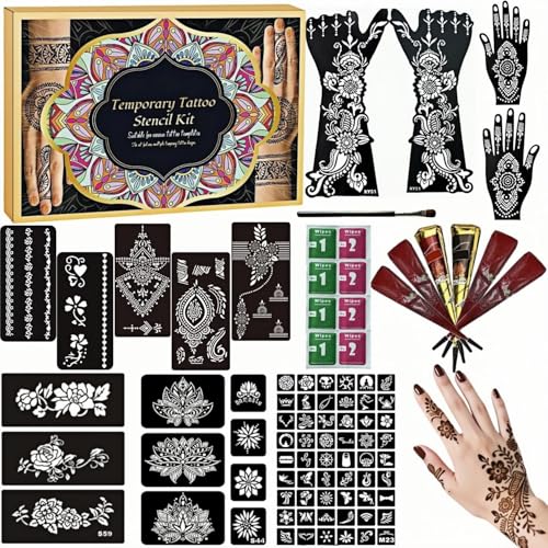 Temporary Tattoo Stencils Kit - 12 Sheets, 78 Designs, 6 Cones